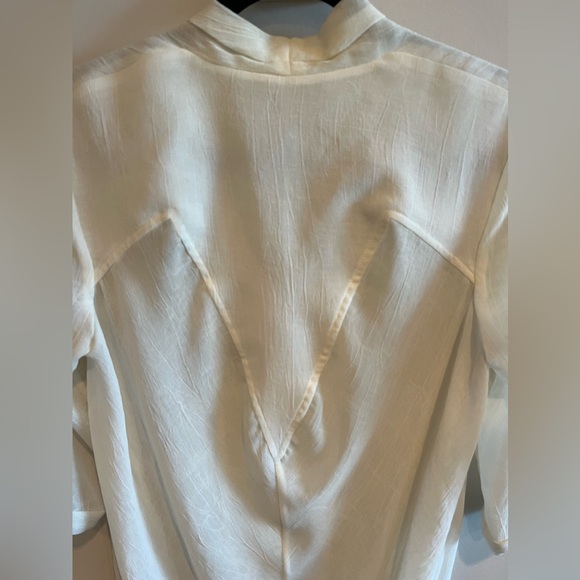 Helmet Lang Sheer Button Front V-Neck Cream Distressed Hem High Low Blouse - Picture 8 of 9